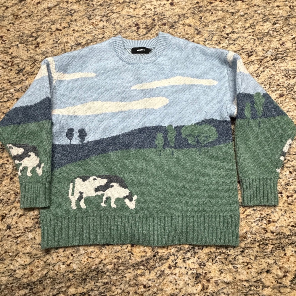 Vamtac Cow Landscape Intarsia Knit Sweater Blue Green Pastoral Scene Womens S